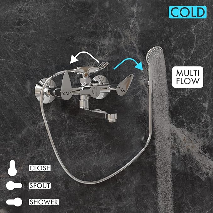 ZAP Nova Series 2-in-1 Wall Mixer with Clutch | Brass Body with Multi-Flow Hand Shower & 1.5m Stainless Steel Hose | Chrome Finish Bathroom Fixture