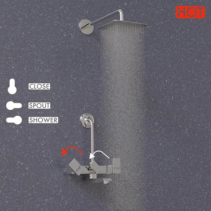 ZAP SKODA Series 100% Full Brass Wall Mixer with Overhead Shower System Set and 125mm Long Bend Pipe for Bathroom | Chrome Finish | Complete Wall Mounted Bath Fitting