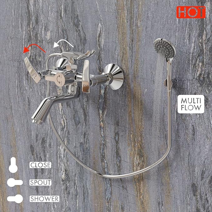 ZAP Skoda Full Brass Wall Mixer with Hand Shower | Chrome Plated Bathroom Fitting with Complete Screw Set | Durable & Stylish Bath Mixer Tap