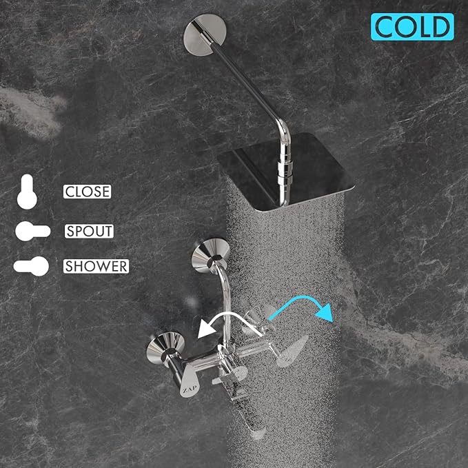 ZAP Nova Series 2-in-1 Brass Wall Mixer with Overhead Shower Set and 125mm Long Bend Pipe | Chrome Finish | Hot and Cold Water Control | Includes Faucet Cleaner | Bathroom Fittings Tap Combo