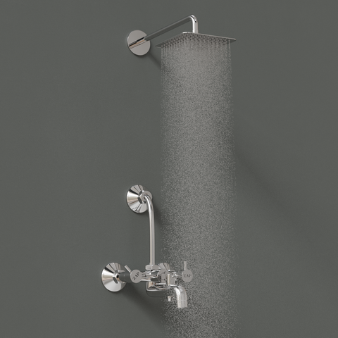 Elixir Series High Grade 100% Brass 3 in 1 Wall Mixer with Overhead Shower System Set and 125mm Long Bend Pipe for Bathroom (Chrome Finish)