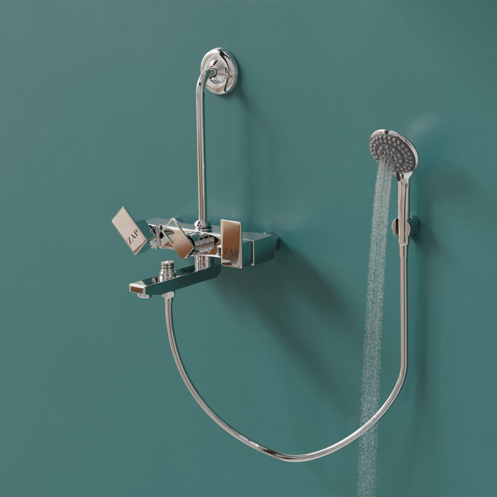 SKODA Series 100% High Grade Brass 3 in 1 Wall Mixer with Crutch & Multi Flow Hand Shower with 1.5 Meter Flexible Tube (Chrome)