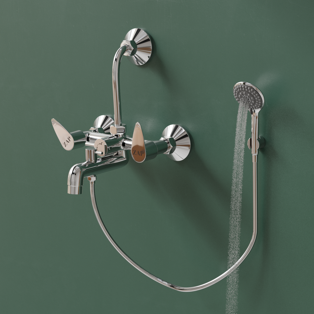 Brezza Series 100% High Grade Brass 3 in 1 Wall Mixer with Crutch & Multi Flow Hand Shower with 1.5 Meter Flexible Tube (Chrome)