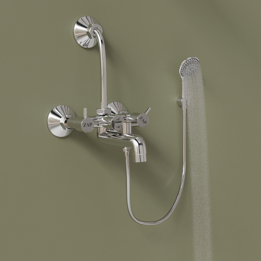 Elixir Series 100% High Grade Brass 3 in 1 Wall Mixer with Crutch & Multi Flow Hand Shower with 1.5 Meter Flexible Tube (Chrome)