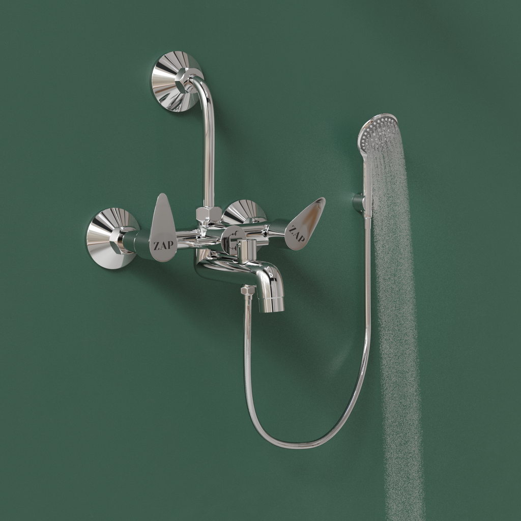 Brezza Series 100% High Grade Brass 3 in 1 Wall Mixer with Crutch & Multi Flow Hand Shower with 1.5 Meter Flexible Tube (Chrome)