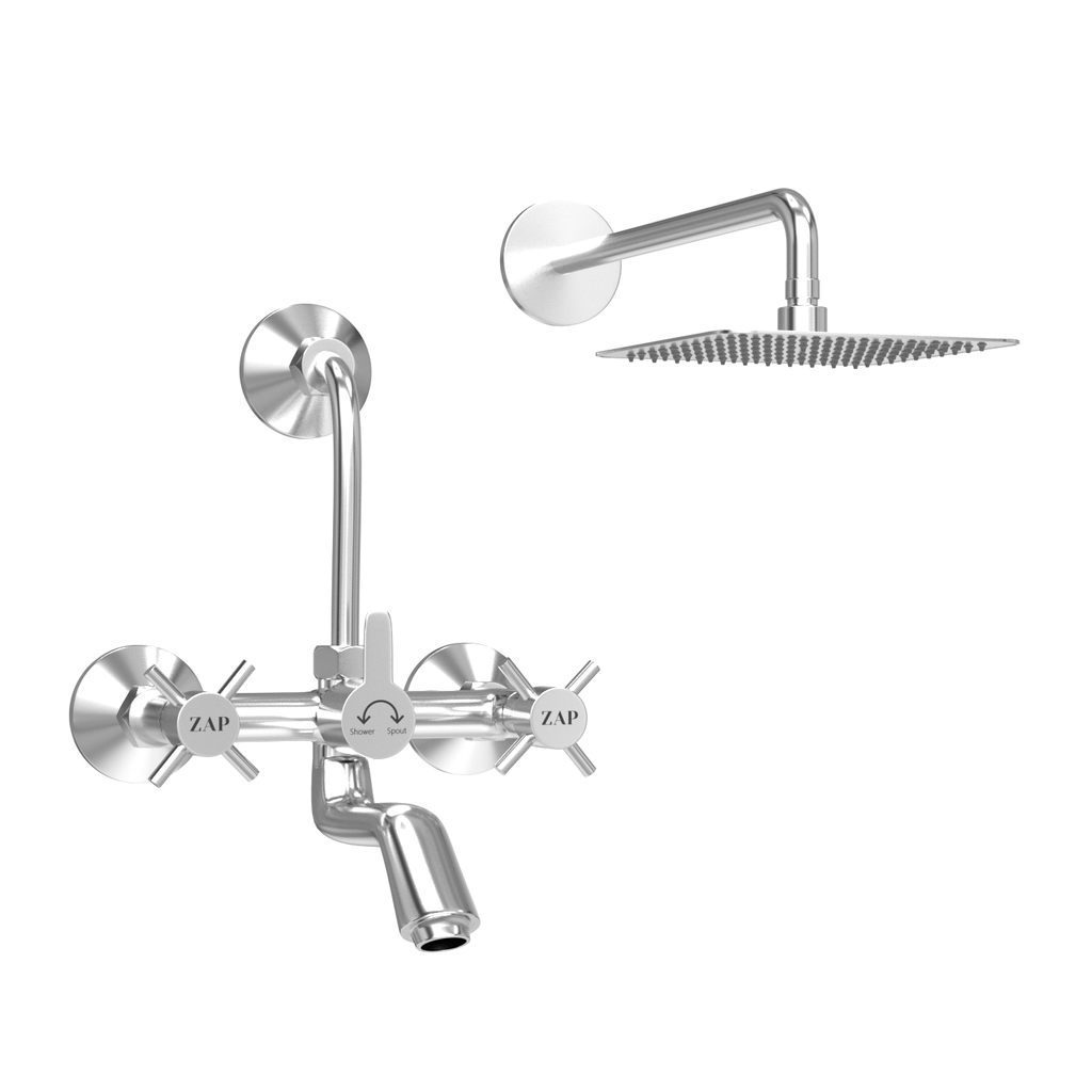 Caster Series High Grade 100% Brass 2 in 1 Wall Mixer With Overhead Shower Set and 125 mm Long Bend Pipe- Hot/Cold Knobs With Chrome Finish and Faucet Cleaner