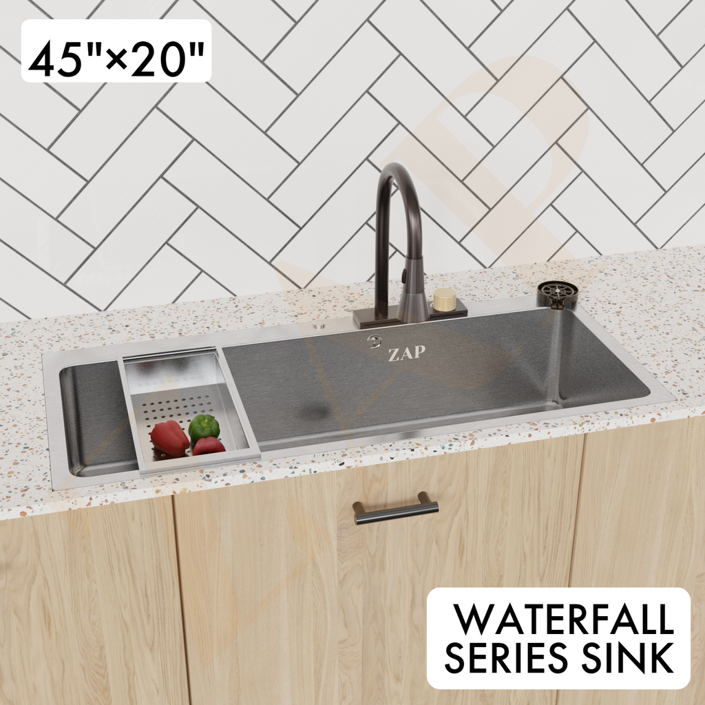 Waterfall 304 SS Kitchen Sink Set with Pull Out Faucet, Chopping Board, Glass Rinser, Soap Dispenser & Strainer, Multi-functional sink with Kitchen Sink Accessories (45X20 inch) Chrome