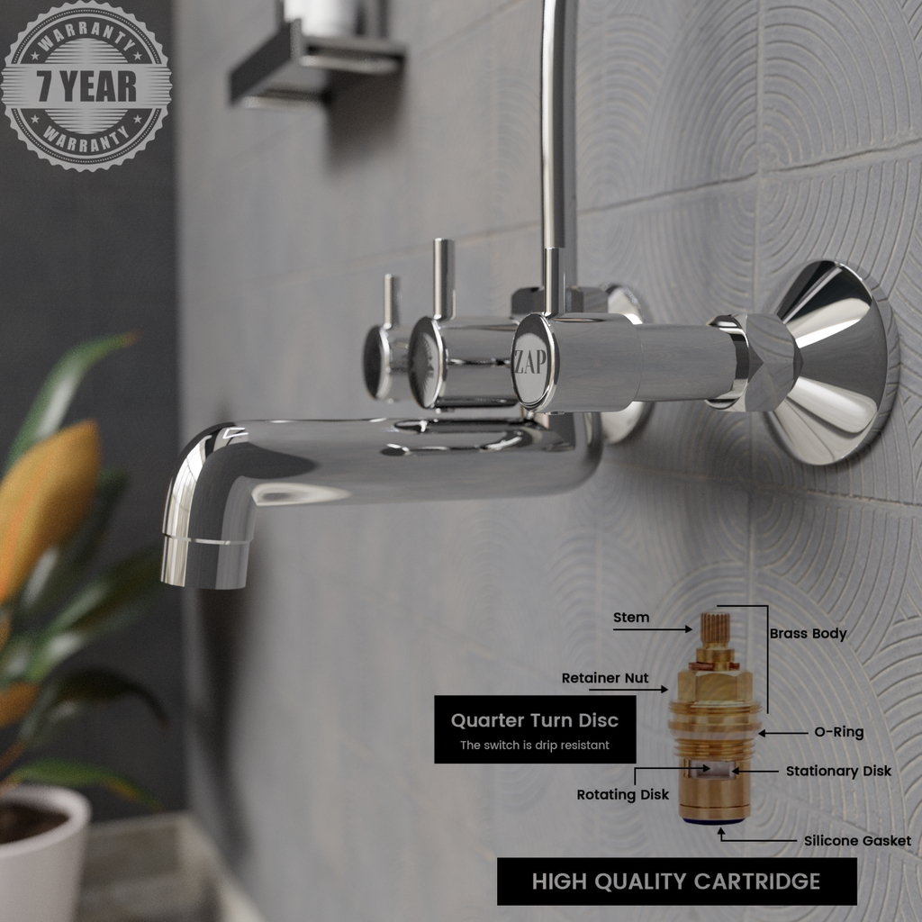 Elixir Series High Grade 100% Brass 2 in 1 Wall Mixer With Overhead Shower Set and 125 mm Long Bend Pipe- Hot/Cold Knobs With Chrome Finish and Faucet Cleaner