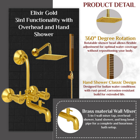 Elixir Gold 3-in-1 Mixer Tap with Shower Set