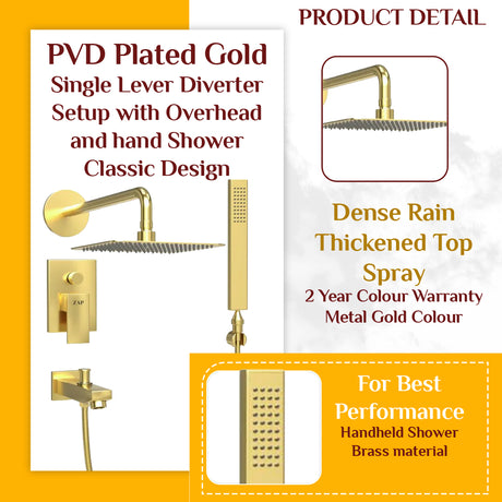 Elixir Series 5633 Brass Diverter With Hand shower And Overhead Shower head Gold Coated