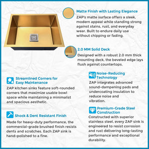ZAP Handmade Kitchen Sink Single Bowl 24x18x10 Inch | Gold Matte Finish SS-304 Stainless Steel | Includes Waste Coupling, Waste Pipe & Drainer Basket | Spacious, Stain Resistant, Luxury Design