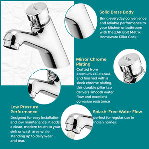 Auto Push Pillar Faucet • Self Closing • Brass Chrome • Kitchen Sink/Wash Basin