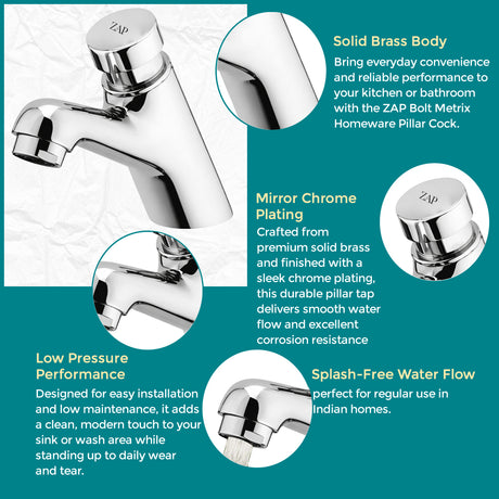 Auto Push Pillar Faucet • Self Closing • Brass Chrome • Kitchen Sink/Wash Basin
