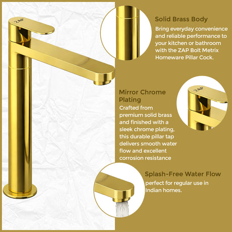 Ocean Pillar Tap • Brass Finish • Hot and Cold • Wash Basin/Sink/Vanity • Gold • 11-Inch
