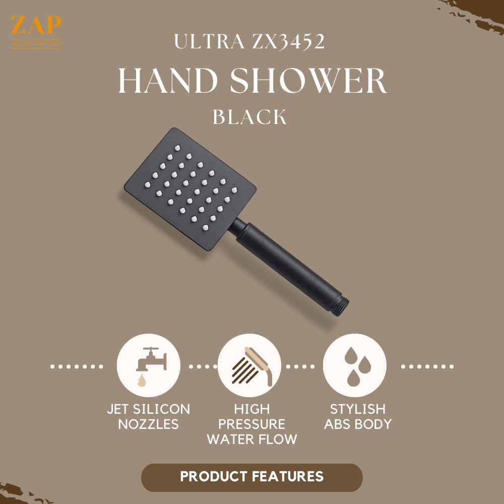 ZAP Ultra ZX 3452 Stainless Steel Handheld Shower | Square High Pressure Hand Shower with Chrome Finish | Rust-Resistant, Easy to Install (BLACK)