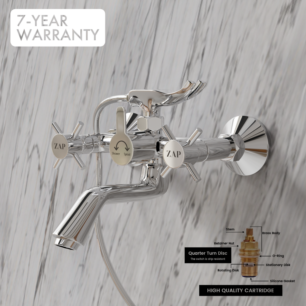Caster Series High Grade Brass 2 in 1 Wall Mixer with Crutch & Multi Flow Hand Shower with 1.5 Meter Stainless Steel Hose