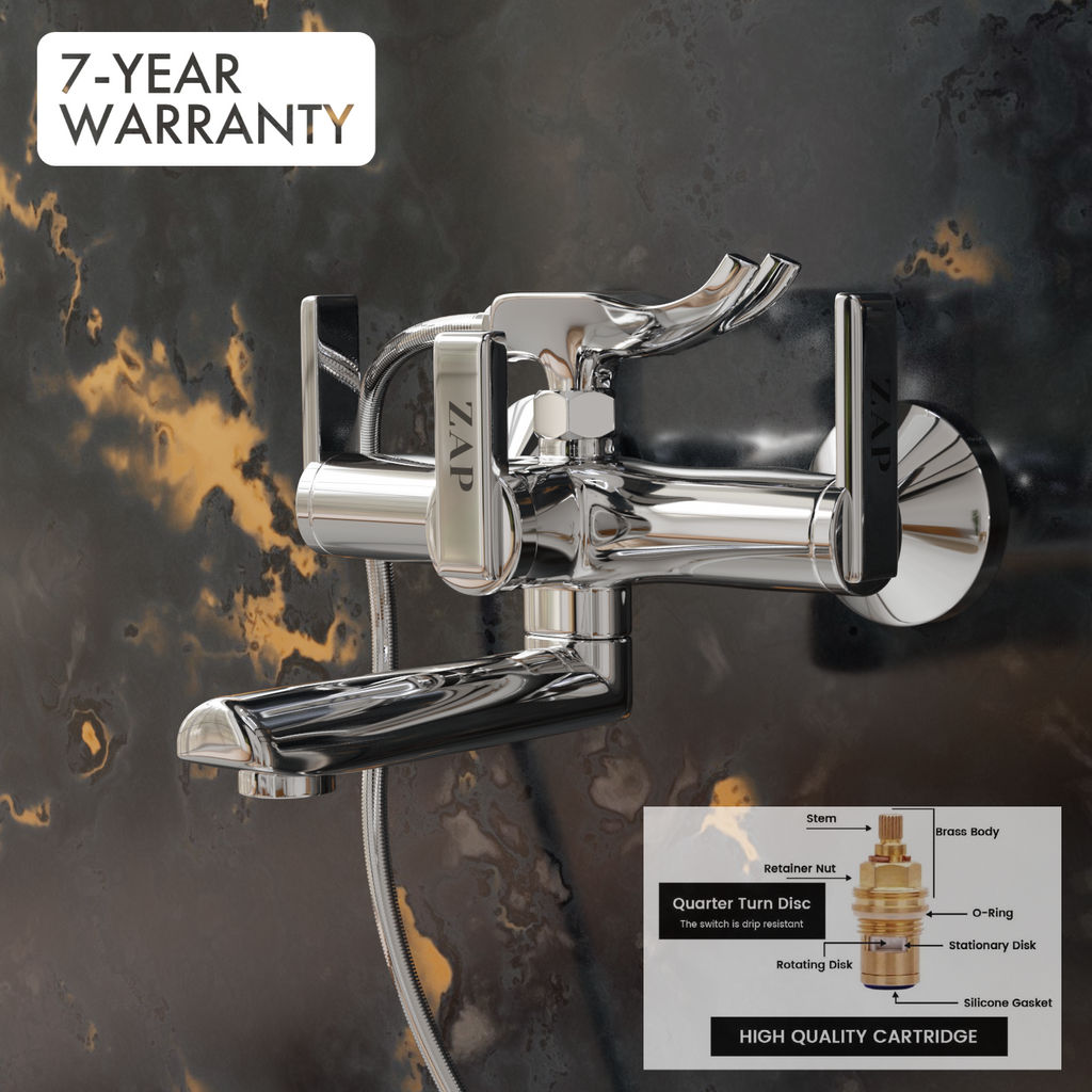 Ultra Cube Series High Grade Brass 2 in 1 Wall Mixer with Crutch & Multi Flow Hand Shower with 1.5 Meter Stainless Steel Hose Pipe