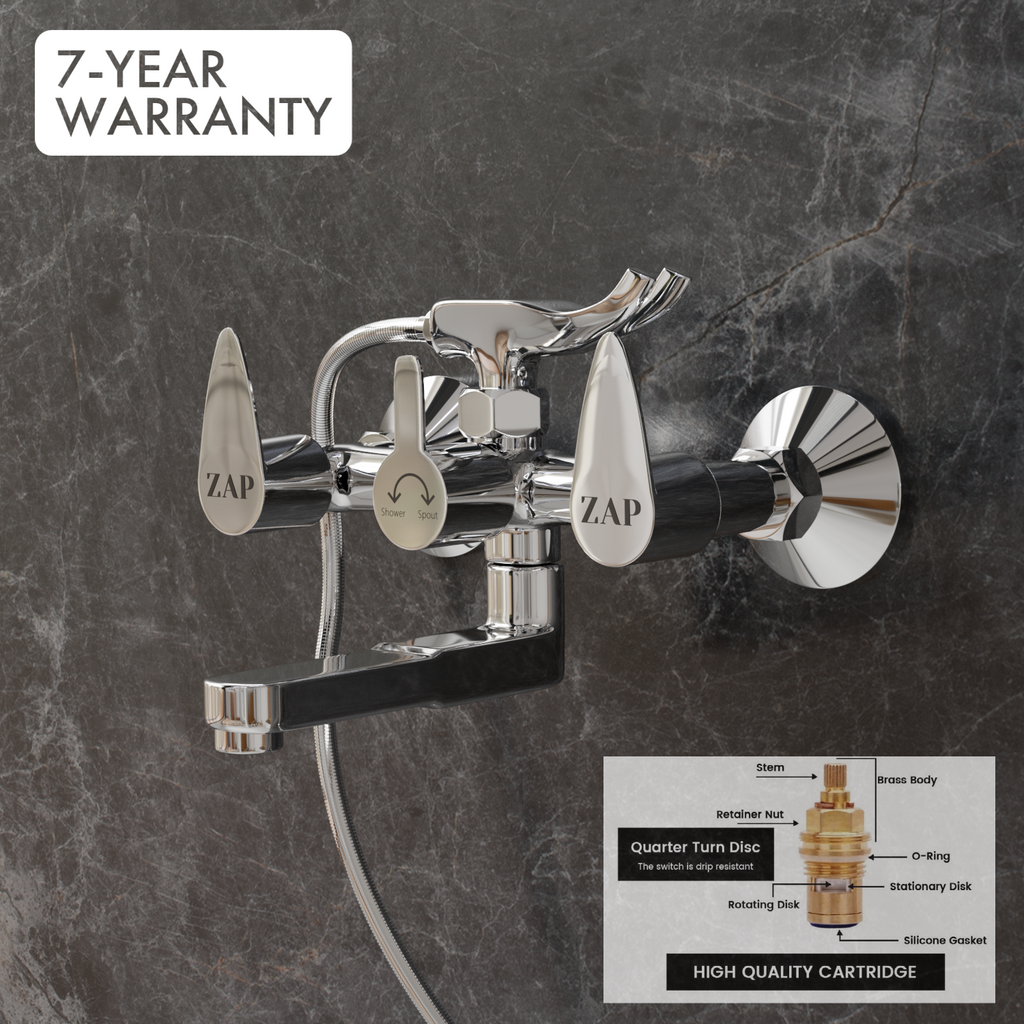 Nova Series High Grade Brass 2 in 1 Wall Mixer with Crutch & Multi Flow Hand Shower with 1.5 Meter Stainless Steel Hose