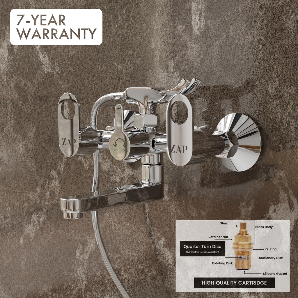 Geo High Grade Brass 2 in 1 Wall Mixer with Crutch & Multi Flow Hand Shower with 1.5 Meter Stainless Steel Hose Pipe