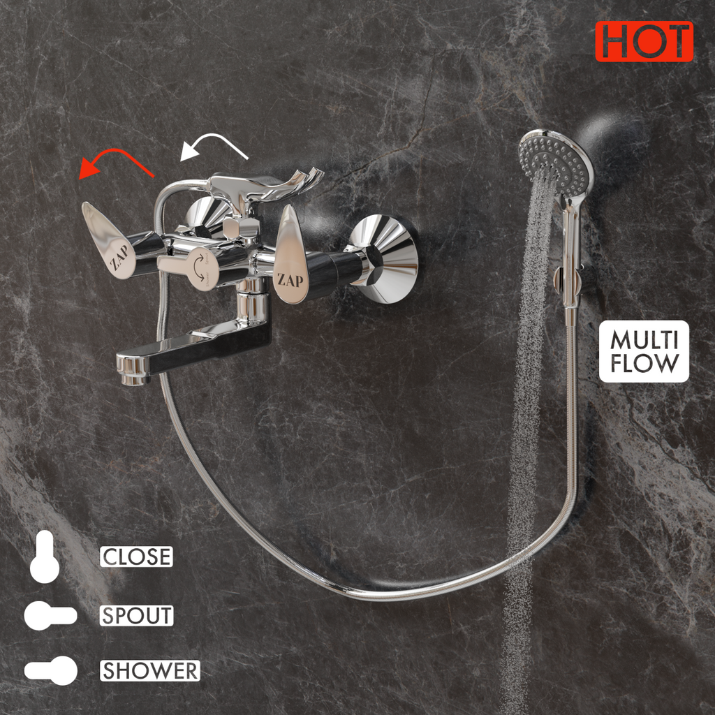 Nova Series High Grade Brass 2 in 1 Wall Mixer with Crutch & Multi Flow Hand Shower with 1.5 Meter Stainless Steel Hose