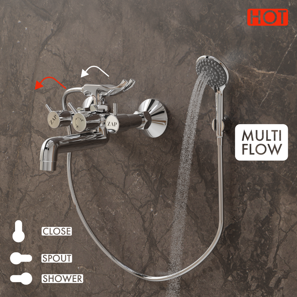 Elixir High Grade Brass 2 in 1 Wall Mixer with Crutch & Multi Flow Hand Shower with 1.5 Meter Stainless Steel Hose Pipe Hot/Cold Knobs With Chrome Finish