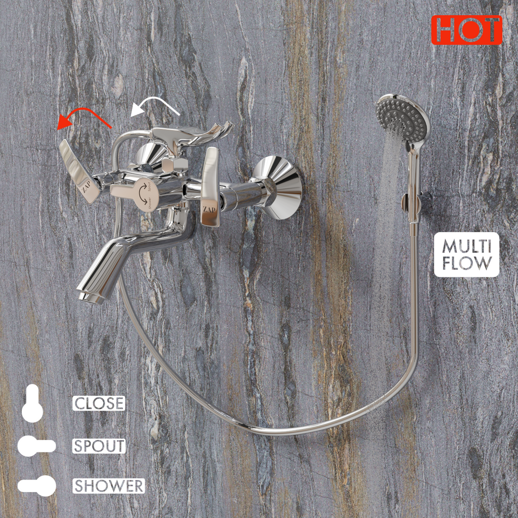 Hexa High Grade 100% Brass 2 in 1 Wall Mixer with Crutch & Multi Flow Hand Shower with 1.5 Meter Stainless Steel Hose