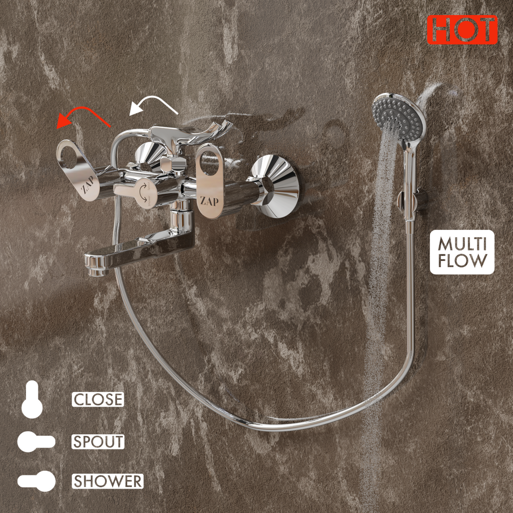 Geo High Grade Brass 2 in 1 Wall Mixer with Crutch & Multi Flow Hand Shower with 1.5 Meter Stainless Steel Hose Pipe