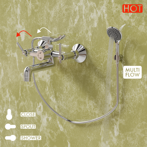 Terrim Series High Grade Brass 2 in 1 Wall Mixer with Crutch & Multi Flow Hand Shower with 1.5 Meter Stainless Steel Hose