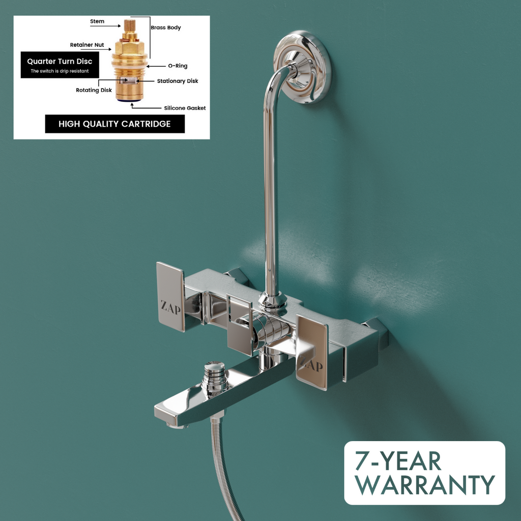 SKODA Series 100% High Grade Brass 3 in 1 Wall Mixer with Shower Arms & Head | Multi Flow Hand Shower with 1.5 Meter Flexible Tube (Chrome)