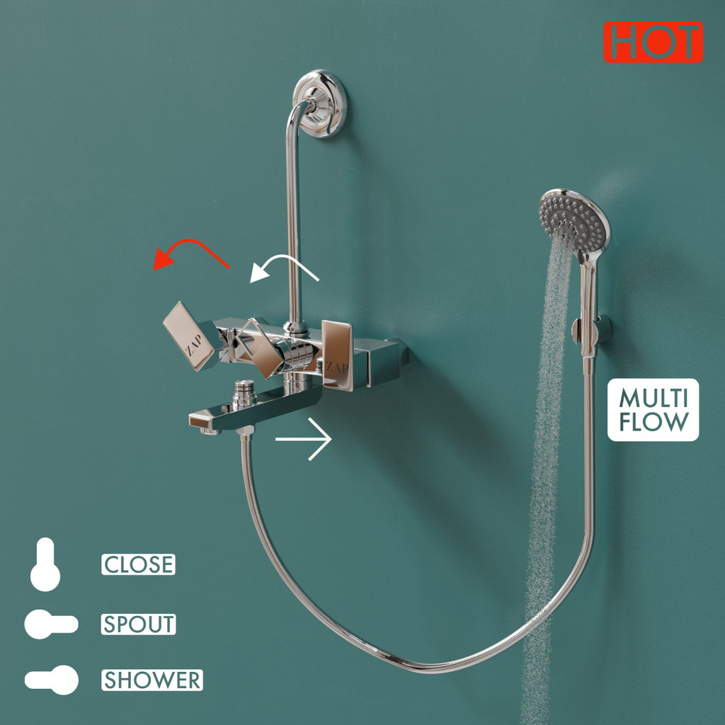 SKODA Series 100% High Grade Brass 3 in 1 Wall Mixer with Shower Arms & Head | Multi Flow Hand Shower with 1.5 Meter Flexible Tube (Chrome)