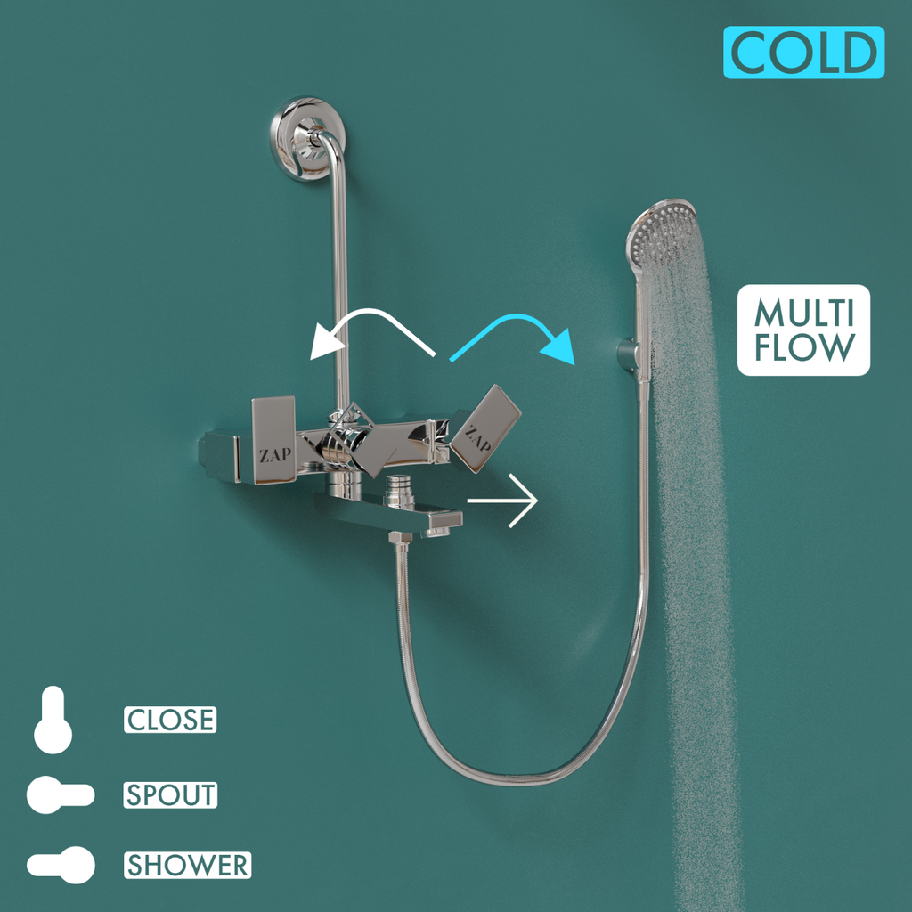 SKODA Series 100% High Grade Brass 3 in 1 Wall Mixer with Crutch & Multi Flow Hand Shower with 1.5 Meter Flexible Tube (Chrome)