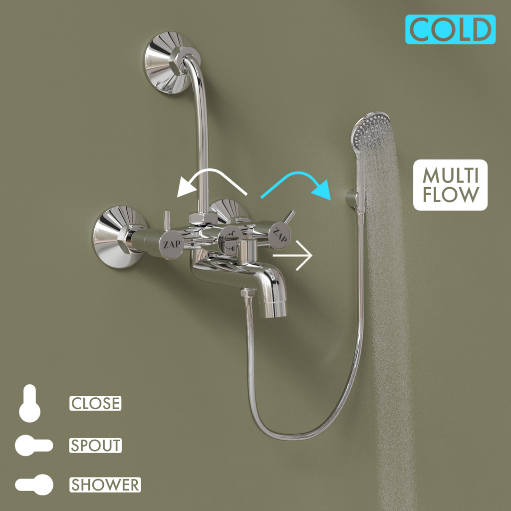 Elixir Series 100% High Grade Brass 3 in 1 Wall Mixer with Crutch & Multi Flow Hand Shower with 1.5 Meter Flexible Tube (Chrome)