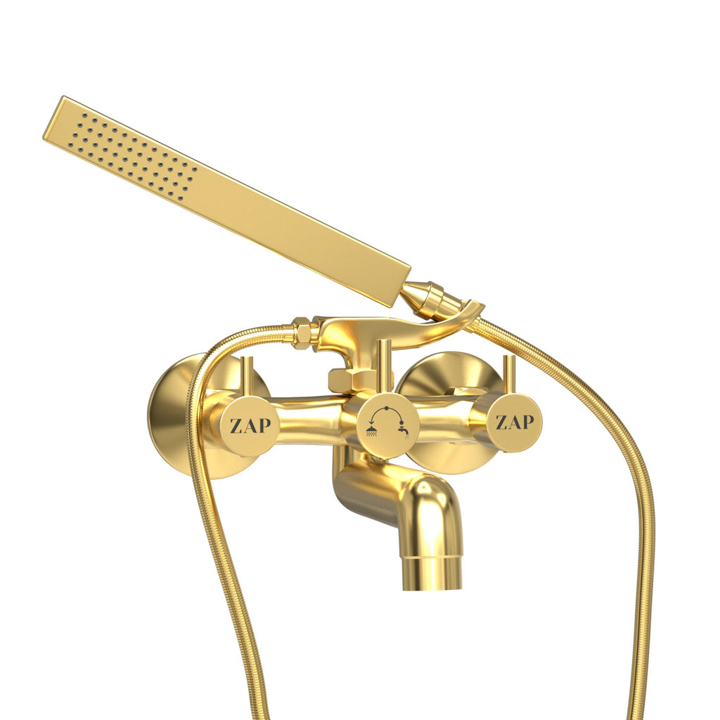 Elixir Gold Series High Grade Brass 2 in 1 Wall Mixer with Crutch & Gold Hand Shower with 1.5 Meter Stainless Steel Hose Pipe