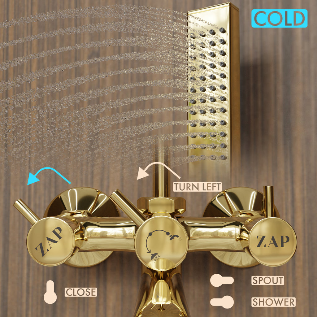 Elixir Gold Series High Grade Brass 2 in 1 Wall Mixer with Crutch & Gold Hand Shower with 1.5 Meter Stainless Steel Hose Pipe