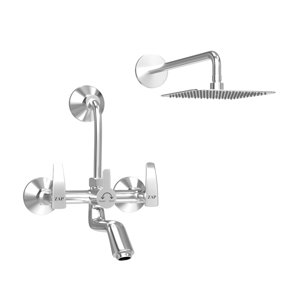 Hexa Series High Grade 100% Brass 2 in 1 Wall Mixer With Overhead Shower Set and 125 mm Long Bend Pipe- Hot/Cold Knobs With Chrome Finish and Faucet Cleaner