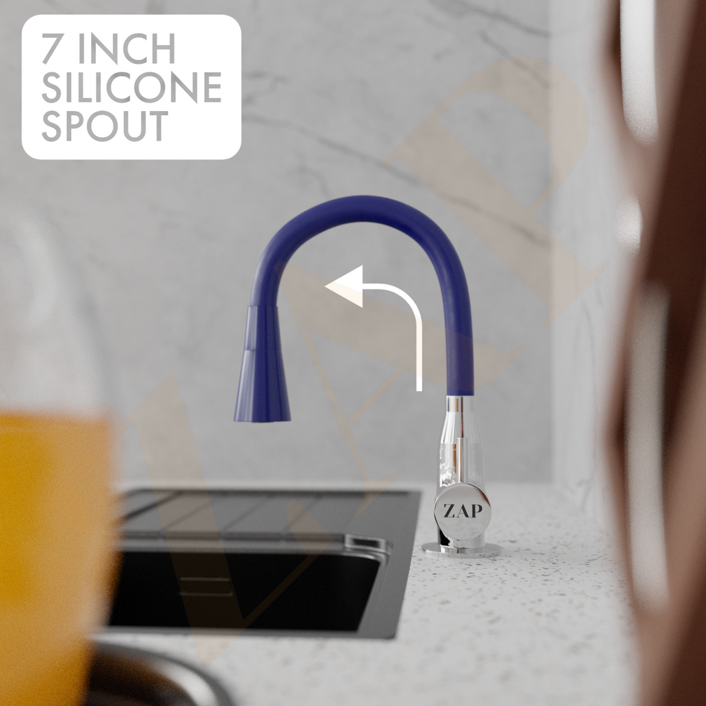 Swan Neck Dual Flow Brass Sink Cock, 7 Inch Silicone Spout, Modern Kitchen Faucet with Flexible Swivel Spout (Blue)