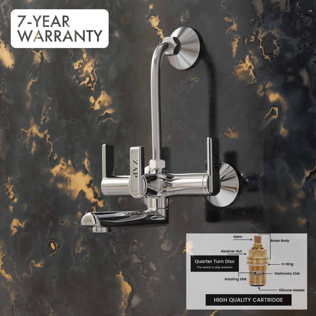 Ultra Cube Series High Grade 100% Brass 2 in 1 Wall Mixer With Overhead Shower Set and 125 mm Long Bend Pipe Hot/Cold Knobs With Chrome Finish and Faucet Cleaner