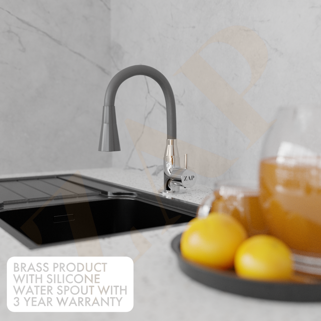 Swan Neck Dual Flow Brass Sink Cock, 7 Inch Silicone Spout, Modern Kitchen Faucet with Flexible Swivel Spout (Grey)