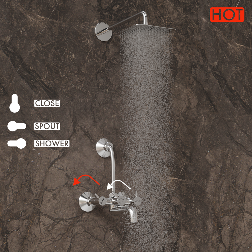 Elixir Series High Grade 100% Brass 2 in 1 Wall Mixer With Overhead Shower Set and 125 mm Long Bend Pipe- Hot/Cold Knobs With Chrome Finish and Faucet Cleaner