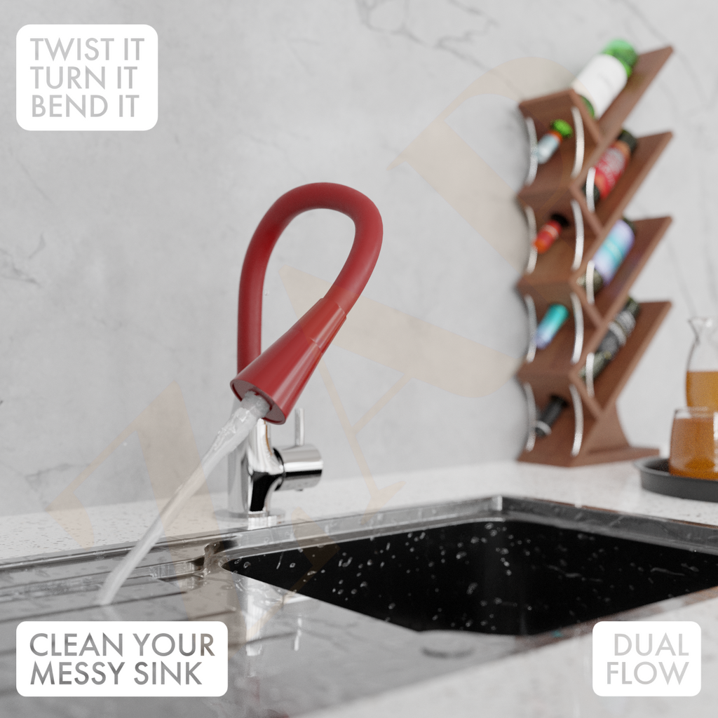 Swan Neck Dual Flow Brass Sink Cock, 7 Inch Silicone Spout, Modern Kitchen Faucet with Flexible Swivel Spout (Red)
