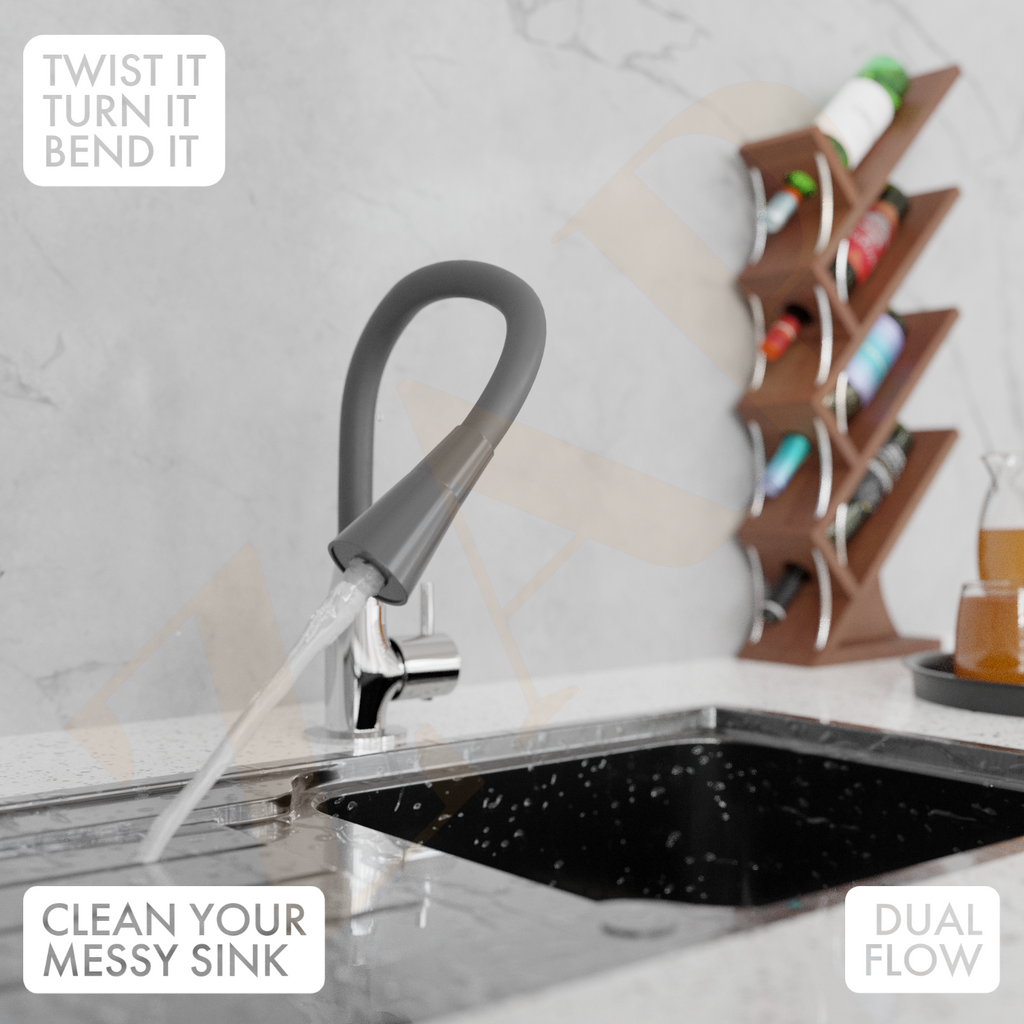 Swan Neck Dual Flow Brass Sink Cock, 7 Inch Silicone Spout, Modern Kitchen Faucet with Flexible Swivel Spout (Grey)