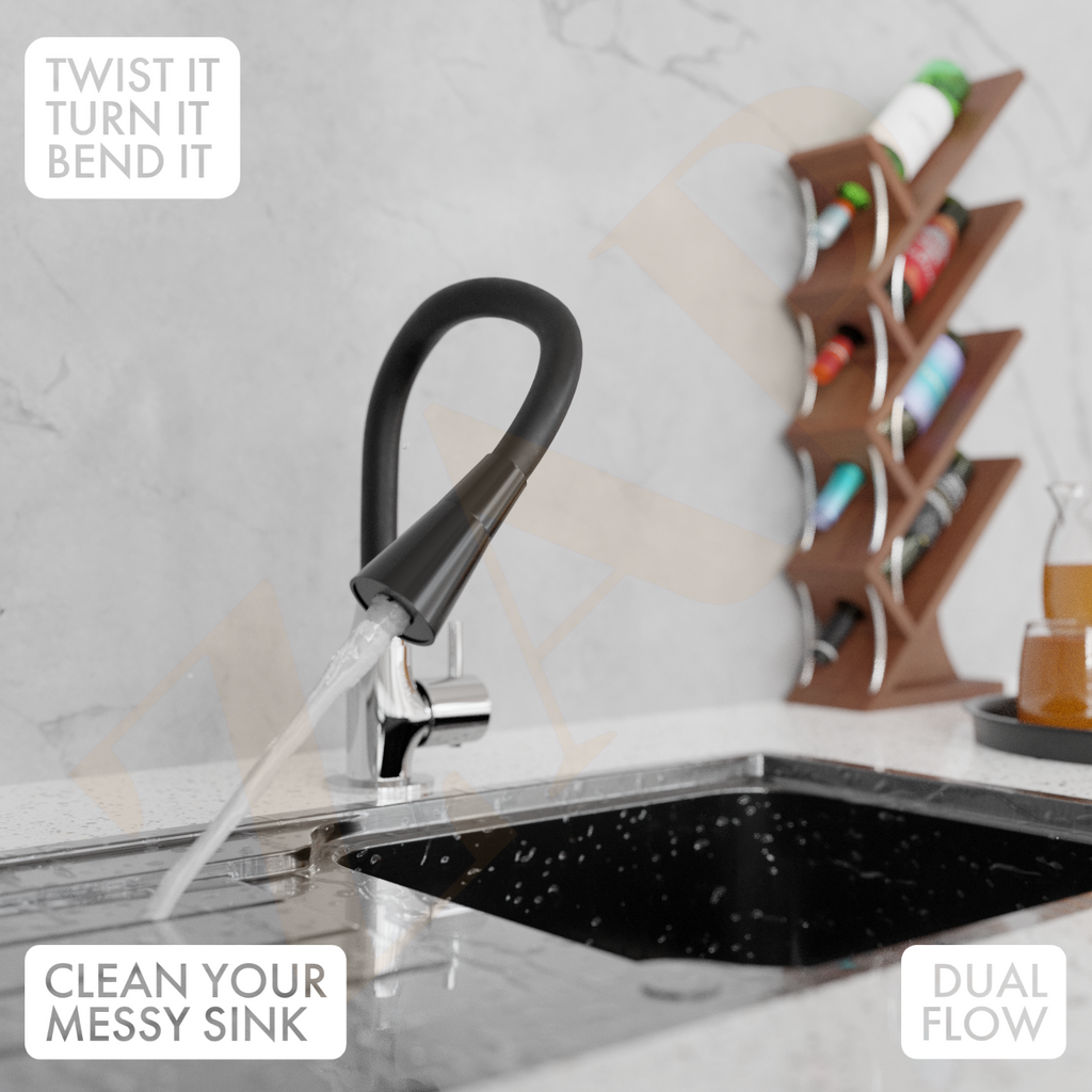 Swan Neck Dual Flow Brass Sink Cock, 7 Inch Silicone Spout, Modern Kitchen Faucet with Flexible Swivel Spout (Black)