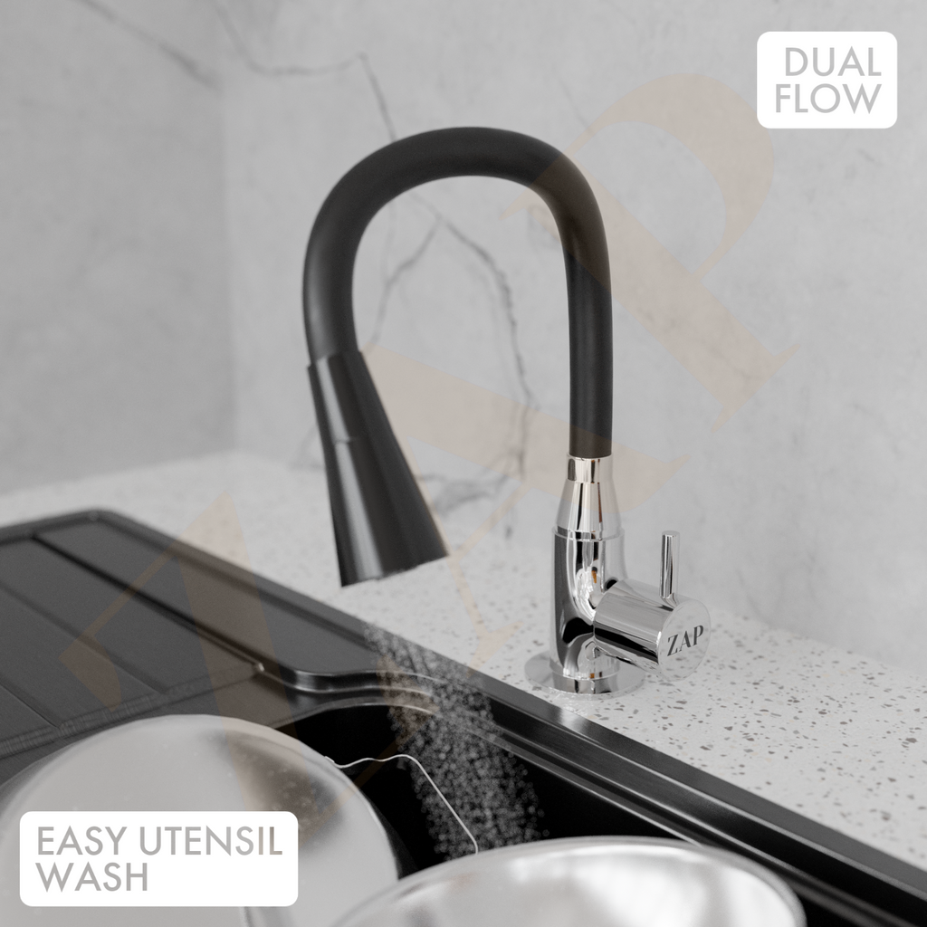 Swan Neck Dual Flow Brass Sink Cock, 7 Inch Silicone Spout, Modern Kitchen Faucet with Flexible Swivel Spout (Black)