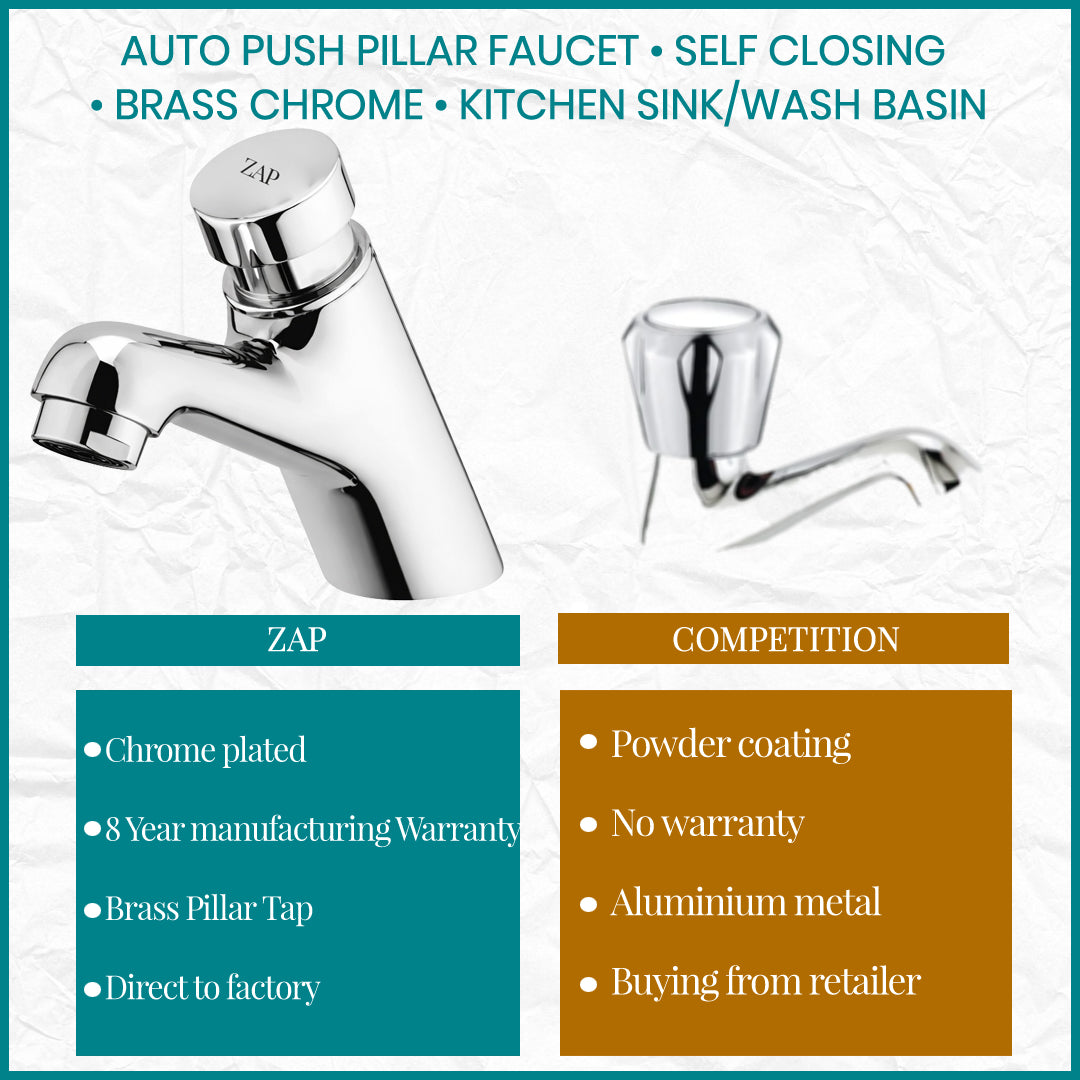Auto Push Pillar Faucet • Self Closing • Brass Chrome • Kitchen Sink/Wash Basin