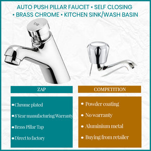 Auto Push Pillar Faucet • Self Closing • Brass Chrome • Kitchen Sink/Wash Basin