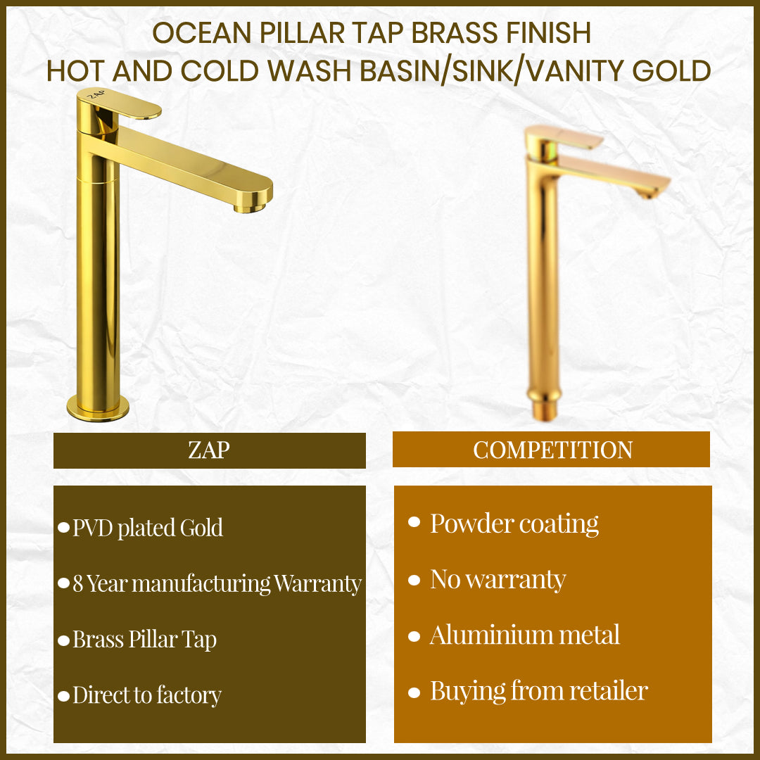 Ocean Pillar Tap • Brass Finish • Hot and Cold • Wash Basin/Sink/Vanity • Gold • 11-Inch