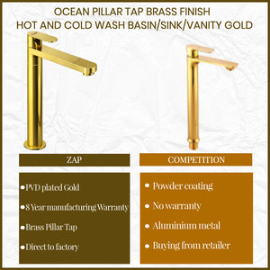 Ocean Pillar Tap • Brass Finish • Hot and Cold • Wash Basin/Sink/Vanity • Gold • 11-Inch