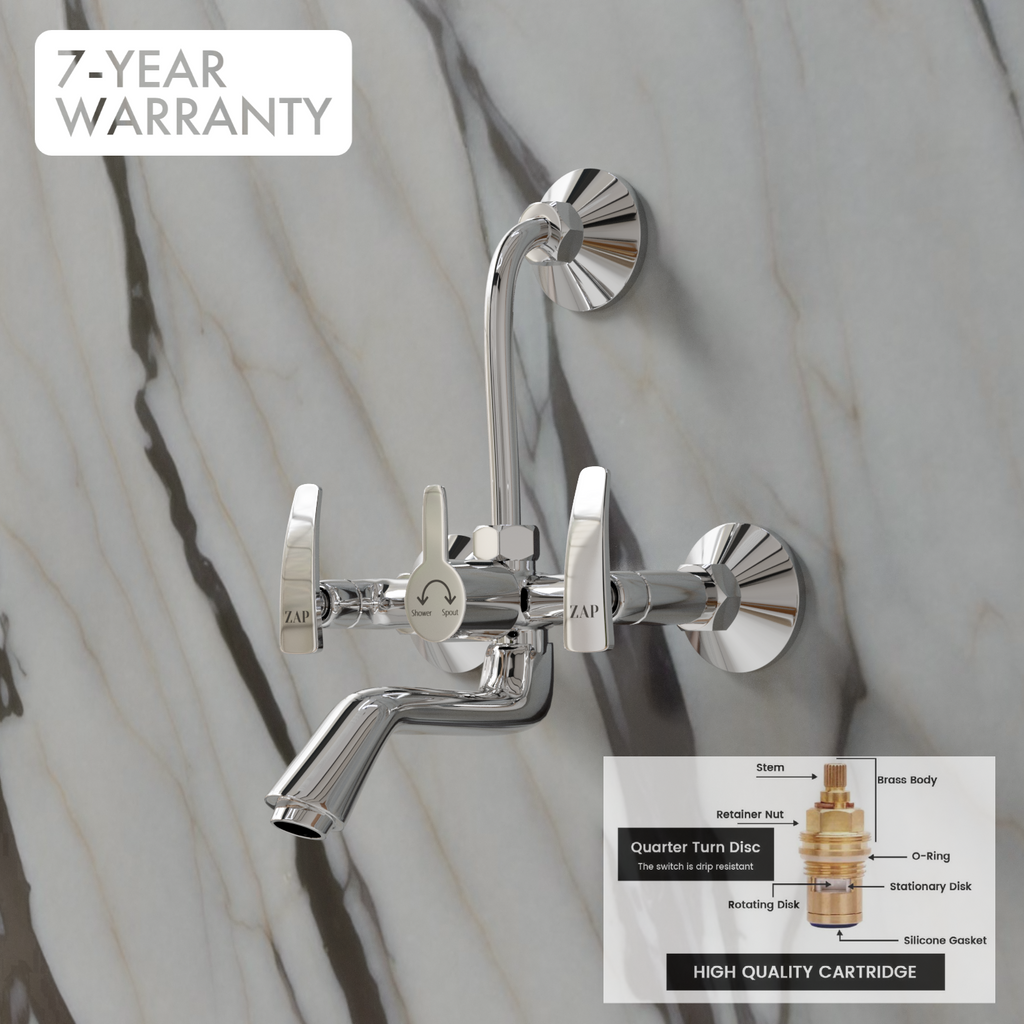 Hexa Series High Grade 100% Brass 2 in 1 Wall Mixer With Overhead Shower Set and 125 mm Long Bend Pipe- Hot/Cold Knobs With Chrome Finish and Faucet Cleaner