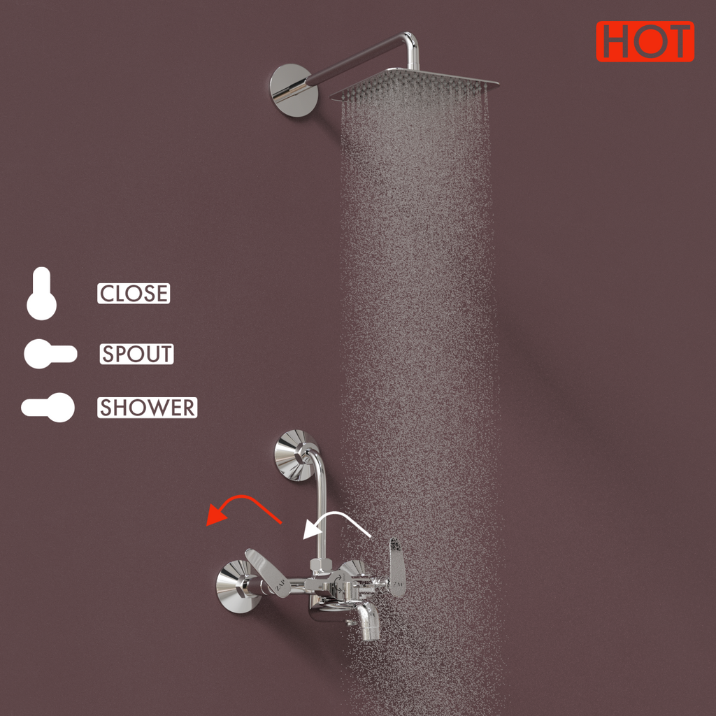 Arrow Series High Grade 100% Brass 3 in 1 Wall Mixer with Overhead Shower System Set and 125mm Long Bend Pipe for Bathroom (Chrome Finish)