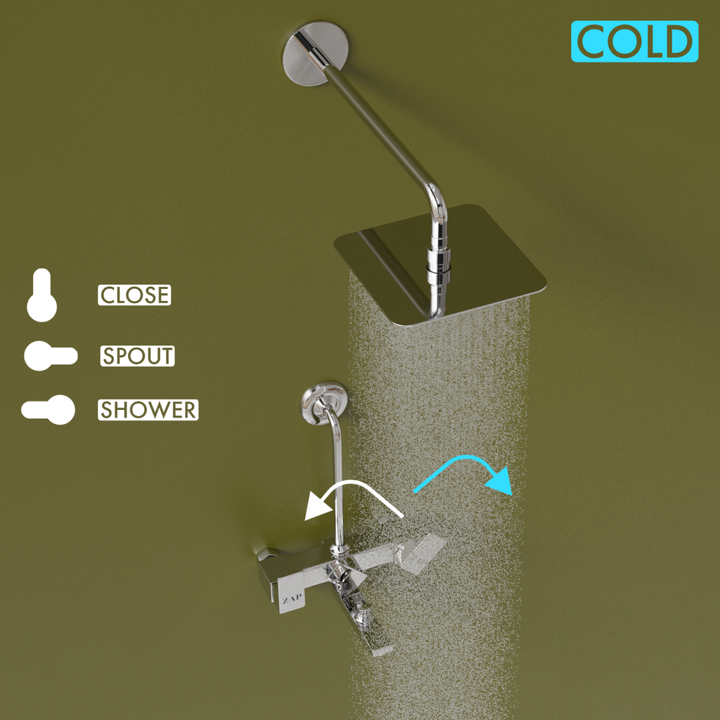 SKODA Series High Grade 100% Brass 3 in 1 Wall Mixer with Overhead Shower System Set and 125mm Long Bend Pipe for Bathroom (Chrome Finish)